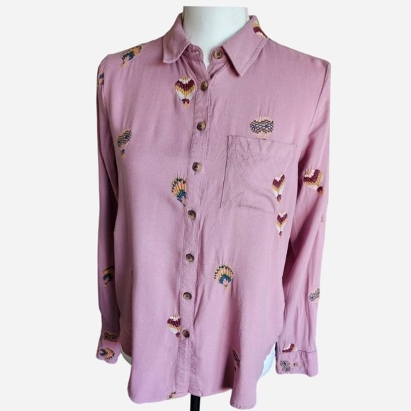 Anthropologie Pink Embroidered Button Down Shirt - Picture 4 of 7